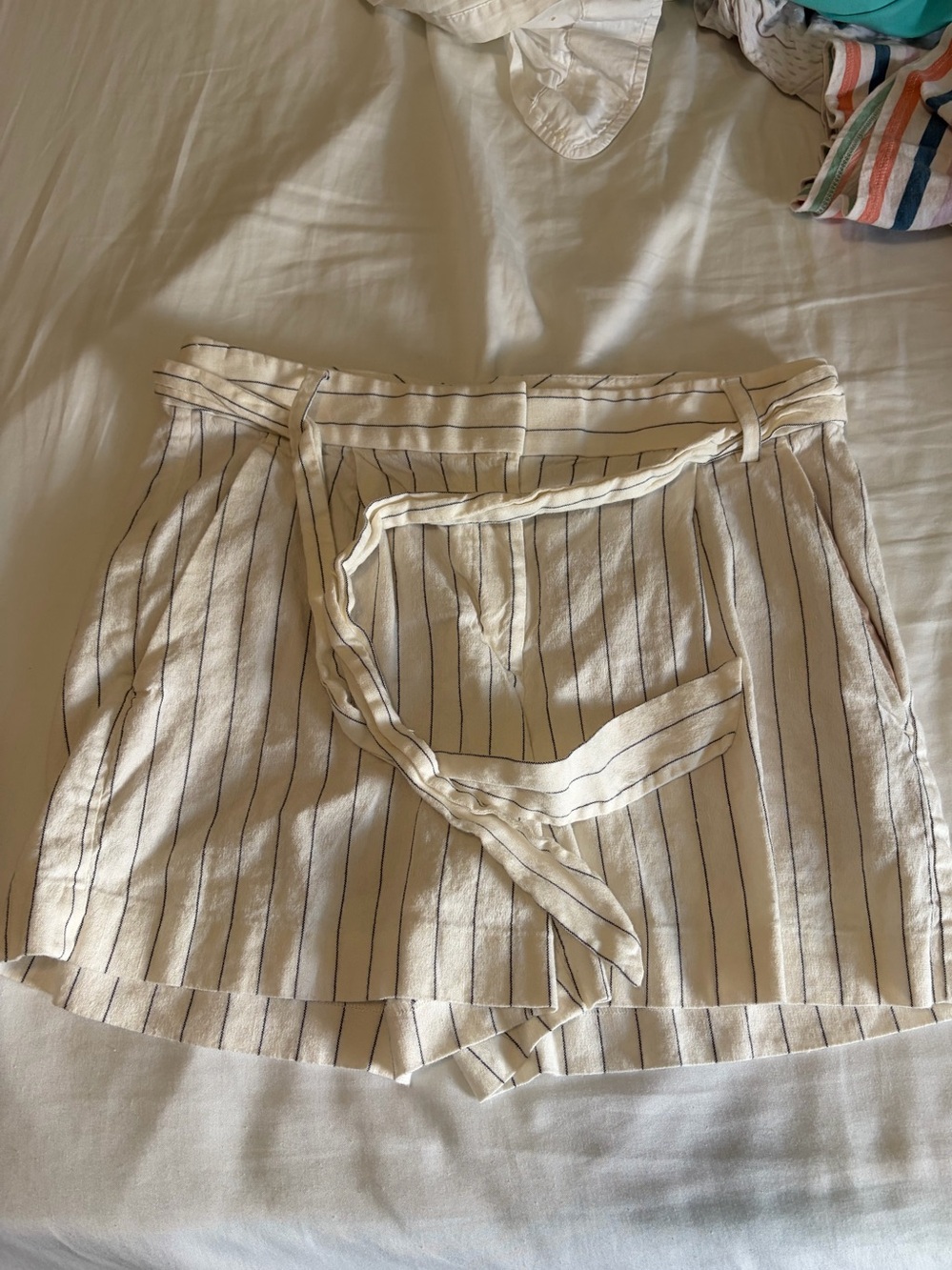 LOFT Cream and Navy Pinstripe Tie-Waist Bermuda Shorts